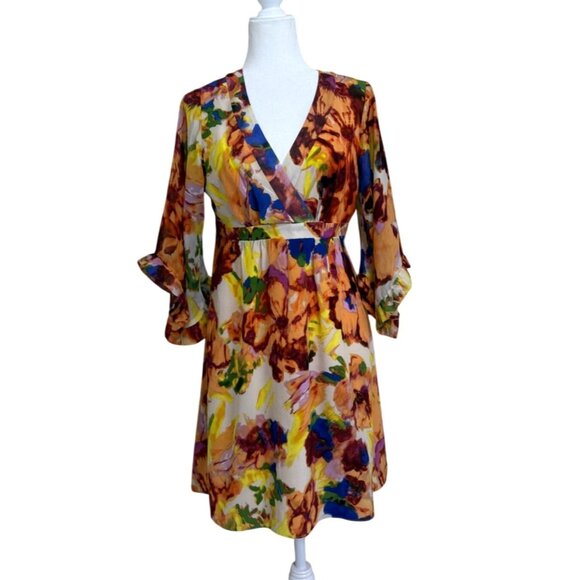Anthropologie Maeve Silk Kimono Dress Floral V-Neck Open-Back Colorful Size 6 - Picture 1 of 8